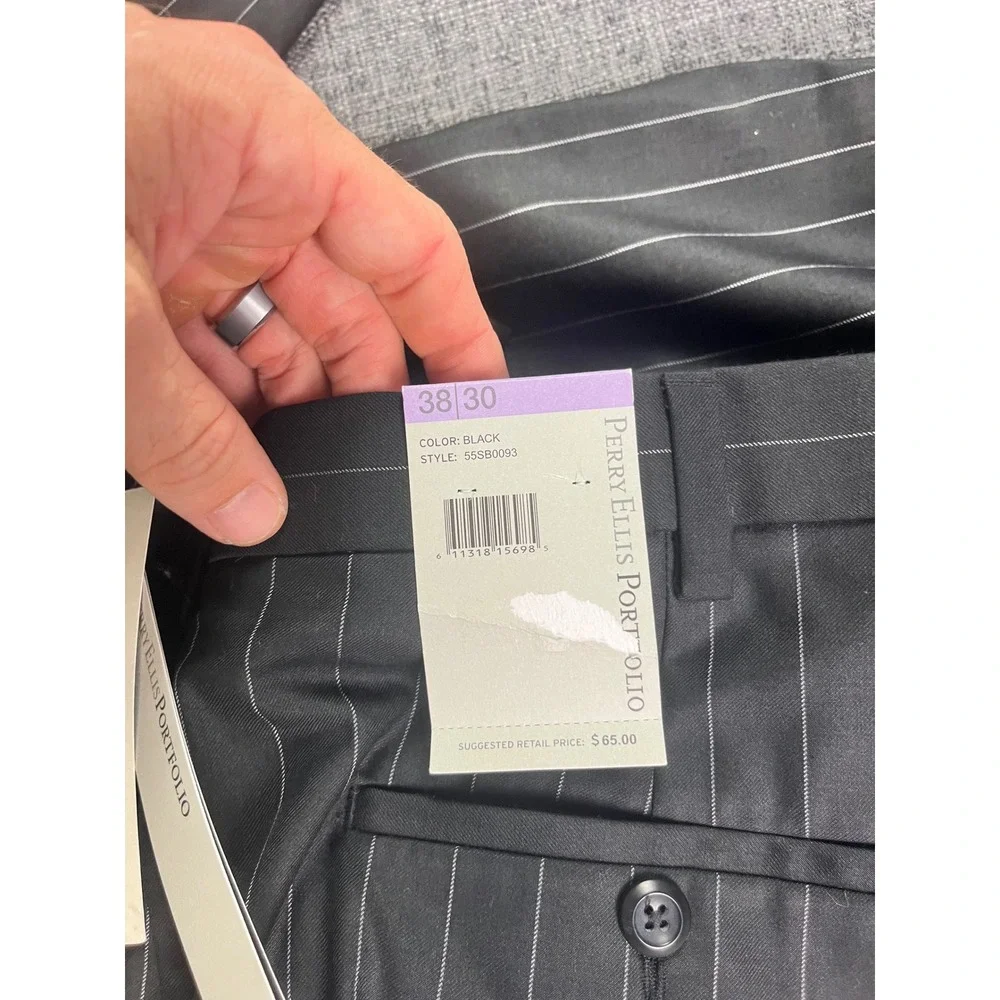 Perry Ellis Portfolio Mens Black Pinstripe Neo-Luxe Dress Pants 38x30 New